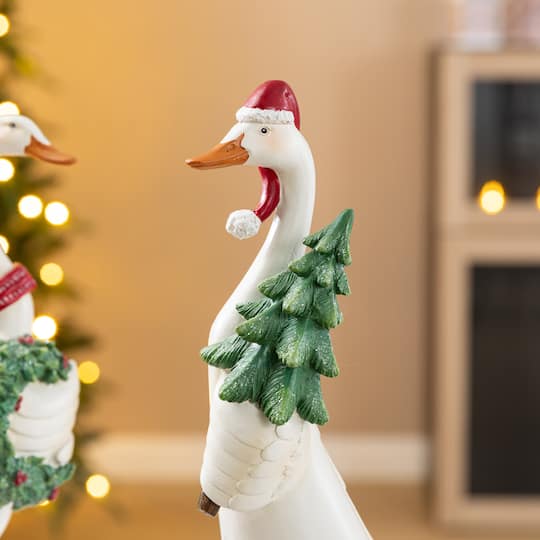 Glitzhome® Set of 2 Christmas Resin Goose with Wreath and Tree Table Decor